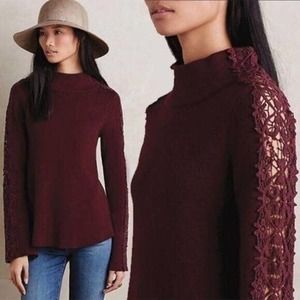 Knitted & Knotted Womens Turtleneck Sweater Top Lace Trim Size XS Burgundy